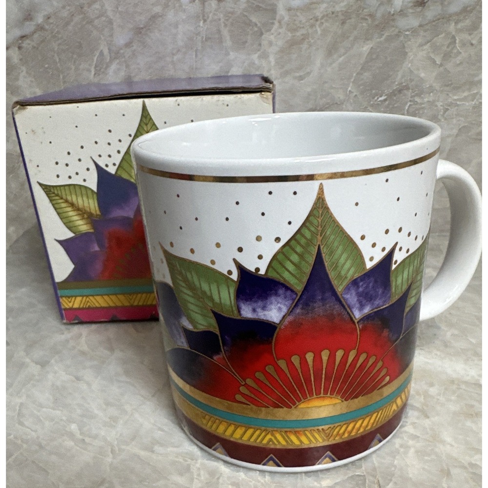 Vintage 80's Laurel Burch Celestial Lotus Mug Floral In Original Box